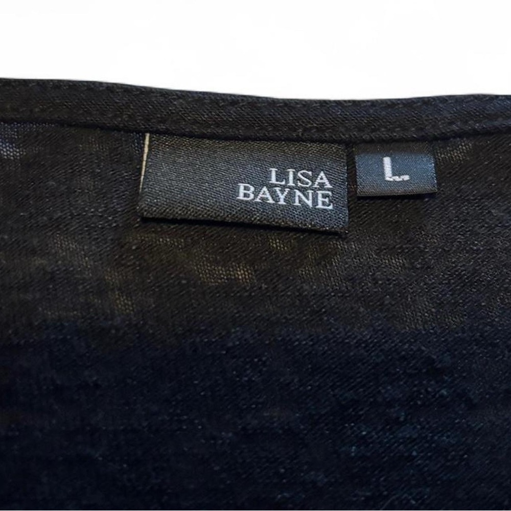 Lisa Bayne Women's Large Asymmetric Linen Blend Blouse Long Sleeve Black Basic - Picture 4 of 5